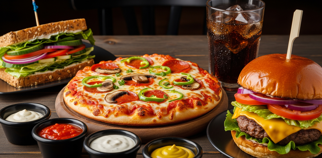 Foto de pizza e hamburgueres